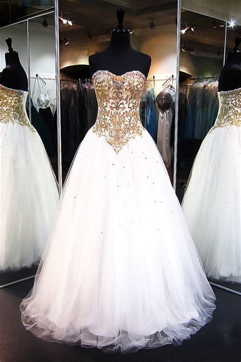 A Line Strapless White Tulle Gold Lace Beaded Prom Dress Corset Back