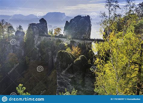 The Bastei Bridge Saxon Switzerland National Park Germany In Autumn