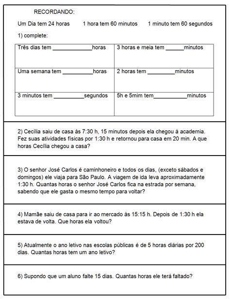 Problematizando Com Horas Sala De Aula Prof R Rida Atividades De