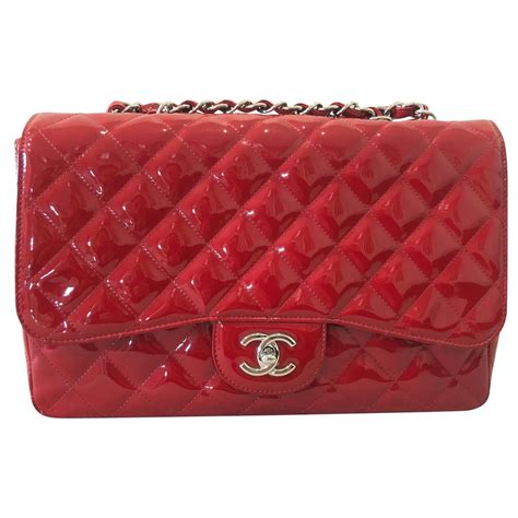 255 Chanel Red Patent Quilted Jumbo Large Single Flap Bag Patent