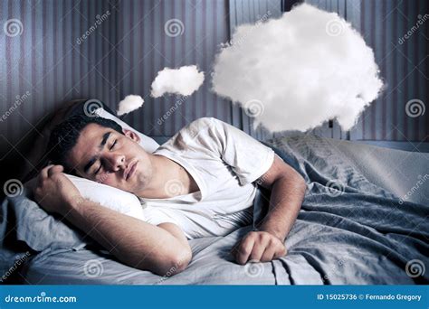 Man Comfortably Dreaming In His Bed With A Cloud Stock Photo Image Of