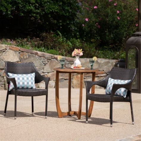 Ethan Outdoor 3 Piece Acacia Wood Wicker Bistro Set Teak Finish And
