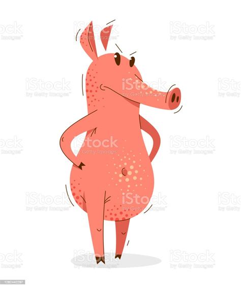 Funny Cartoon Pig Standing Angry And Serious Humorous Vector