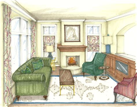 Rendered Perspective Drawing Living Room Forest Scheme