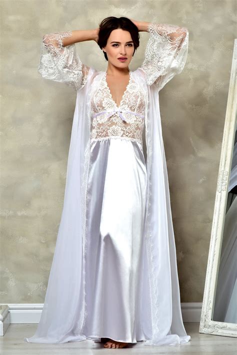 White Bridal Satin Peignoir Set Long Lace Robe And Nightgown Etsy Canada