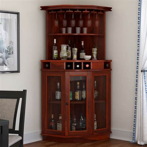 Solid Wood Corner Liquor Display Cabinet With Wine Storage