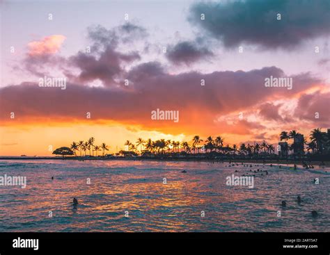 Waikiki Beach Sunset Hawaii Stock Photo Alamy