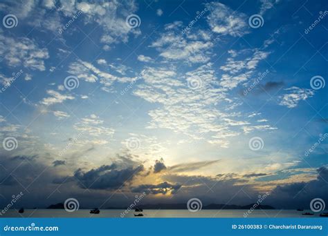 Tropical Beach Sunset Sky With Lighted Clouds Stock Photos Image