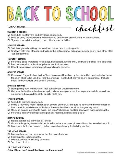 Free Printable Back To School Checklist School