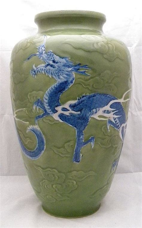 Big Japanese Celadon Vase W Dragons By Keichi Item 1144952 Detailed