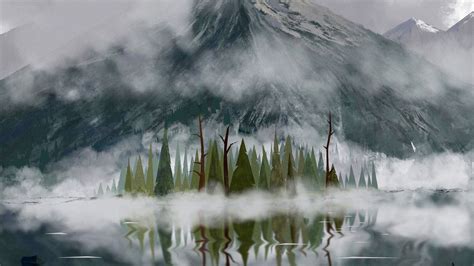 Download Wallpaper 1366x768 Trees Fog Mountains Peaks Art Tablet