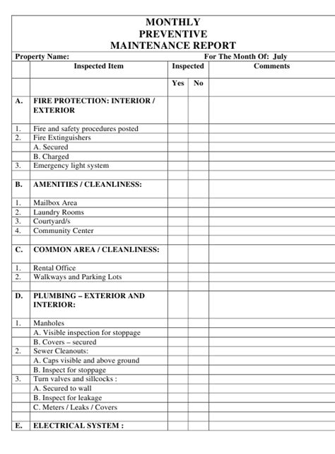 monthly preventive maintenance report template
