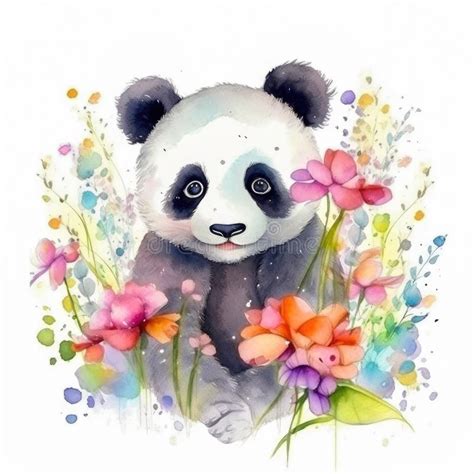 Painting Of A Cute Panda In The Nature With Spring Colorful Flowers