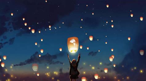 Lanterns In Night Sky Wallpaper