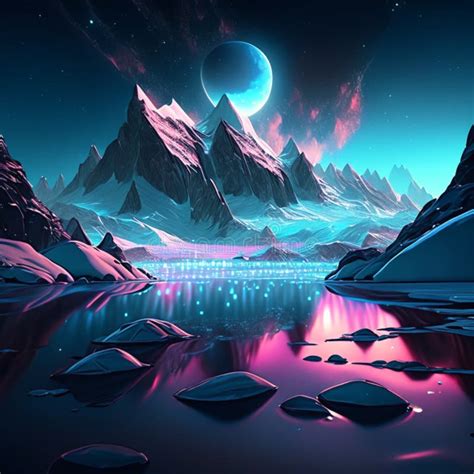 Fantasy Landscape With Mountains Lake And Moon 3d Illustration