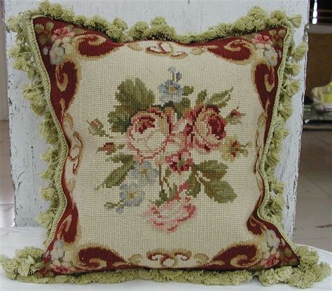 wool needlepoint throw pillow cover rose bouquet burgundy cushion 16x16 ebay needlepoint