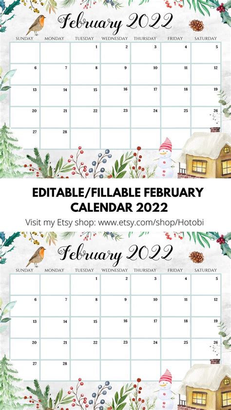 Editable February Calendar Beautiful White Garden In Winter