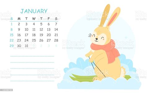 January Childrens Calendar 2023 With An Illustration Of A Cute Rabbit