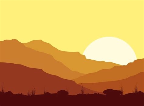 Premium Vector Mountain Landscape With Yellow Sunset Vector Illustration