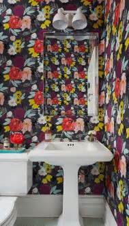 Bold Floral Powder Room Wallpaper Contemporary Bathroom
