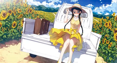 Original Anime Girl Sunflower Sunshine Sunlight Yellow Dress Car Summer