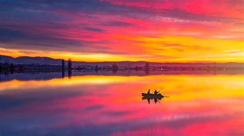 Download Wallpaper 1920x1080 Lake Boat Sunset Reflection Landscape