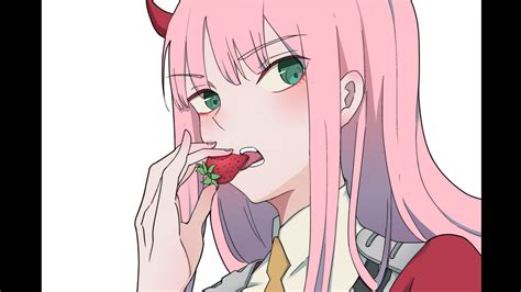 Darling In The Franxx Zero Two Eating Strawberry With White Background