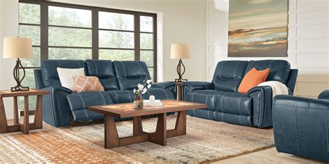Italo Blue Leather 7 Pc Living Room With Reclining Sofa Rooms To Go