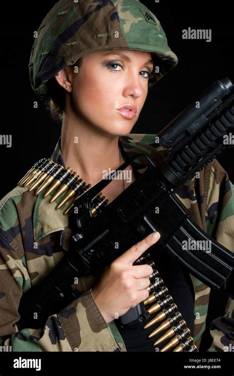 Beautiful Army Military Gun Woman Stock Photo Alamy