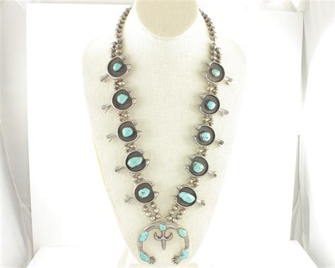 Vintage Turquoise Sterling Silver Squash Blossom Necklace Sand Cast
