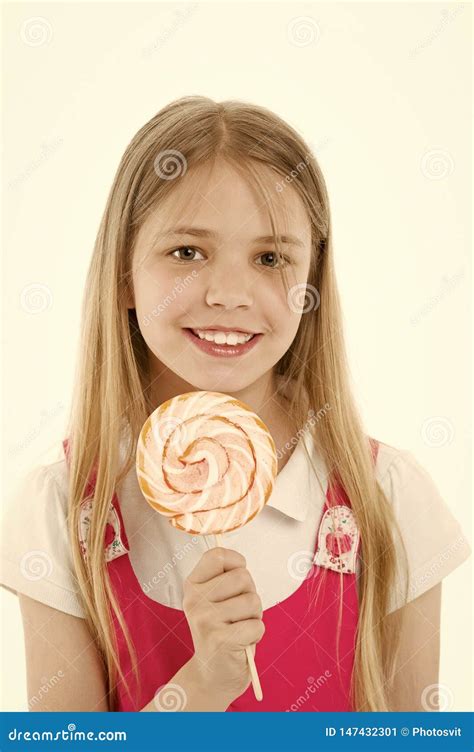 Girl Smile With Lollipop Isolated On White Small Child Smiling With
