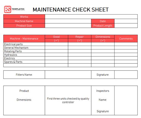 The form would consist of: Maintenance Checklist Template - 10+ daily, weekly ...