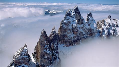 Mountains Clouds Nature Snow Trees Peaks Wallpaper