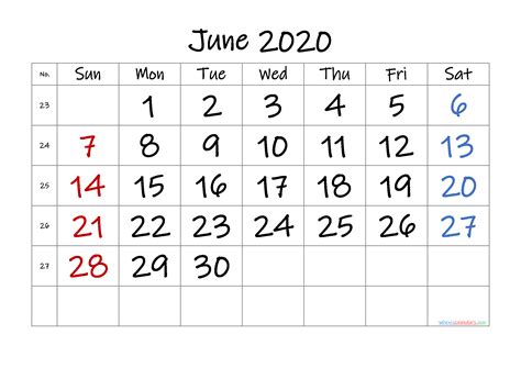 Free June 2020 Calendar 6 Templates