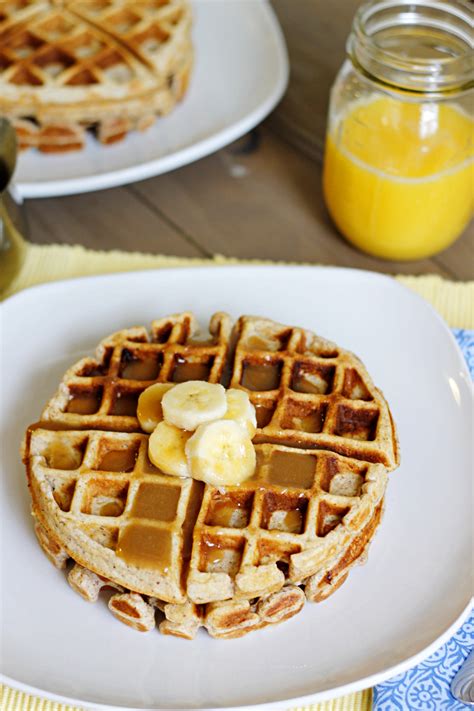 Banana Waffles With Peanut Butter Maple Syrup Belle Vie
