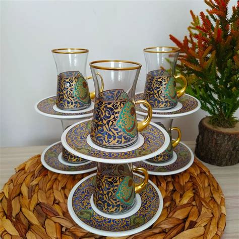 12 Pcs Vav Pattern Gold Color Turkish Tea Set With Holder FairTurk Com