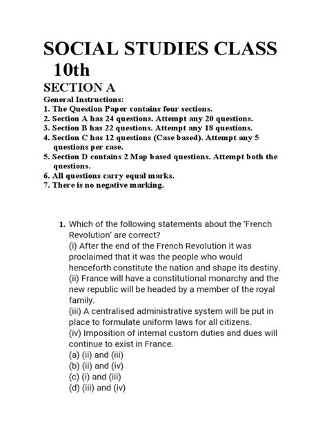 Social Studies Class 10th Section A General Instructions And