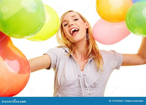 Woman Cheering With Balloons Stock Photo Image Of Play Cheering