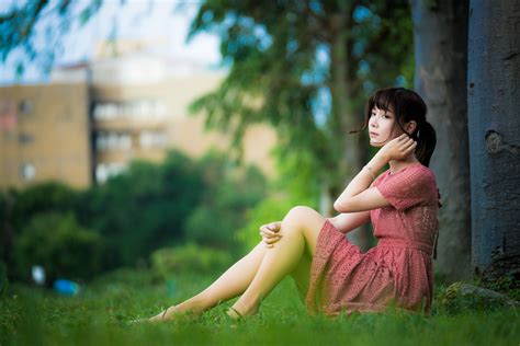 Asian Brunette Girl Sitting Dress Legs Glance Hd Phone Wallpaper
