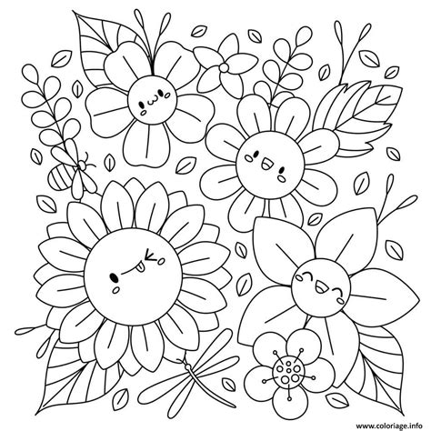 Coloriage Fleurs Printemps Kawaii Facile Dessin Printemps Imprimer