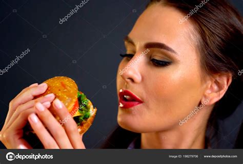 Woman Eating Hamburger Girl Wants To Eat Fast Food Stock Photo By