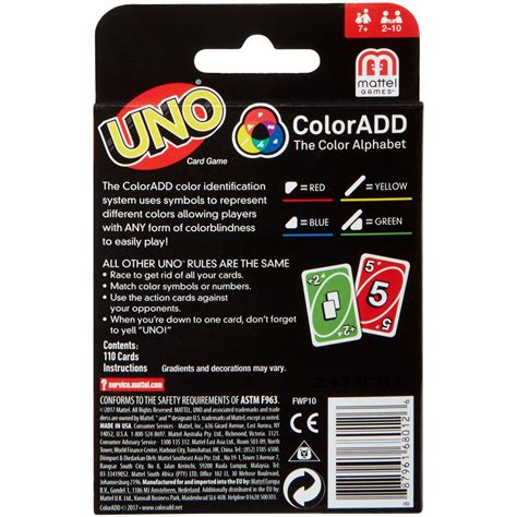Uno Coloradd Color Blind Card Game For 2 10 Players Ages 7y