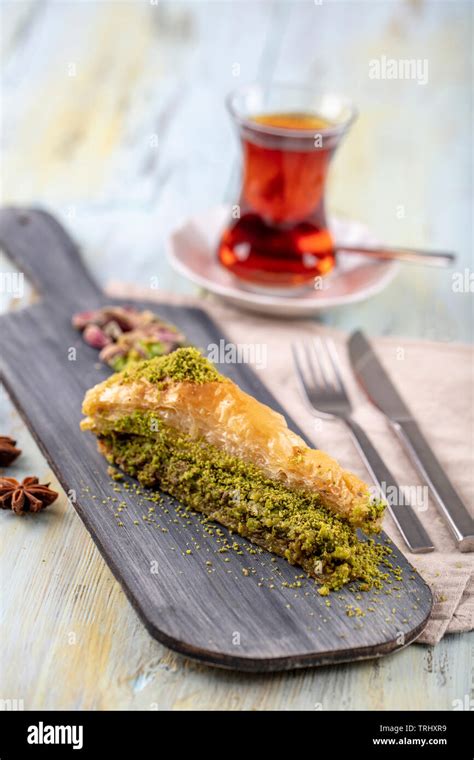 Baklava With Pistachio Turkish Traditional Dessert And Turkish Tea