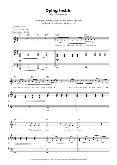 Dying Inside Sheet Music Gary Barlow Piano And Vocal