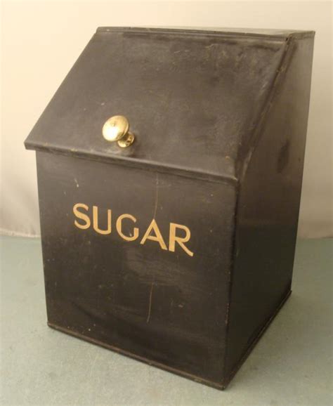 Metal Sugar Tin Vintage Canister W Hinged Lid Black