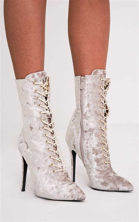 Savia Champagne Crushed Velvet Lace Up Heeled Boots High Heels