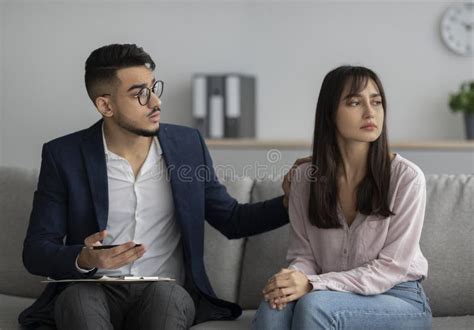 Upset Middle Eastern Lady Consulting Psychologist Psychotherapist