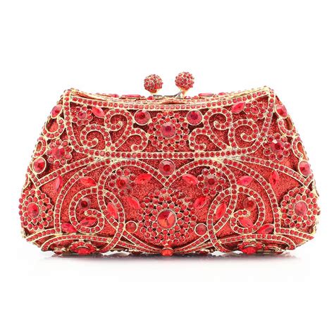 Red Color Crystal Ladies Bridal Clutch Bags Women Evening Party