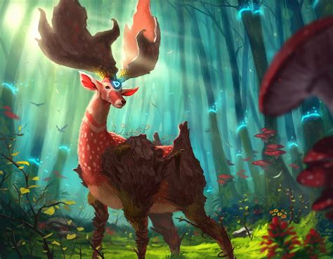Magical Deer Red Forest Luminos Mushroom Horns Fantasy Green