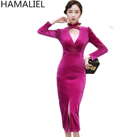 hamaliel luxury velvet sheath two wear party dress 2018 autumn winter long sleeve sexy deep v